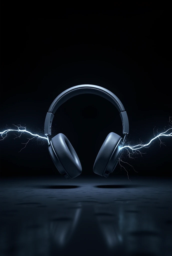 Two Bluetooth headphones are placed a reasonable distance apart, with a sound line that looks like lightning connecting them.,black background,Moving water droplets