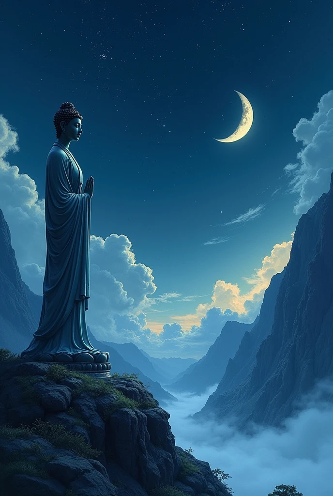 best quality, masterpiece, (Slender Buddha statue)、(Profile of a Buddha statue)、(from side)、Wear a robe、(Sumi-e style:1.5)、(Beautiful high mountains々Inside)、(Night Sky)、(Starry Sky:1.5)、(The sky above is deep blue darkness)、(Pale white light)、(Crescent Moon)、(Thin clouds illuminated by the moonlight)、(A background composition that makes the Buddha statue stand out)
