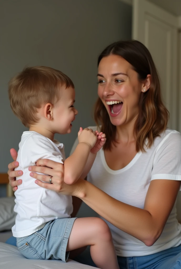 Excited mother fucking her little son.