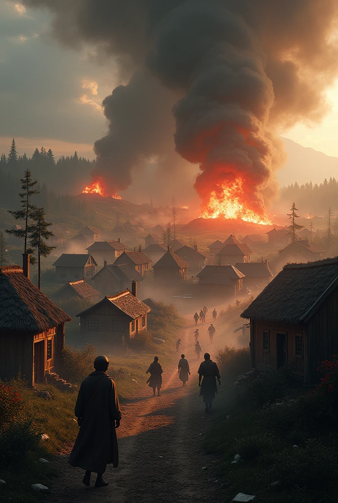Make a Image of village under siege with smoke rising from burning building