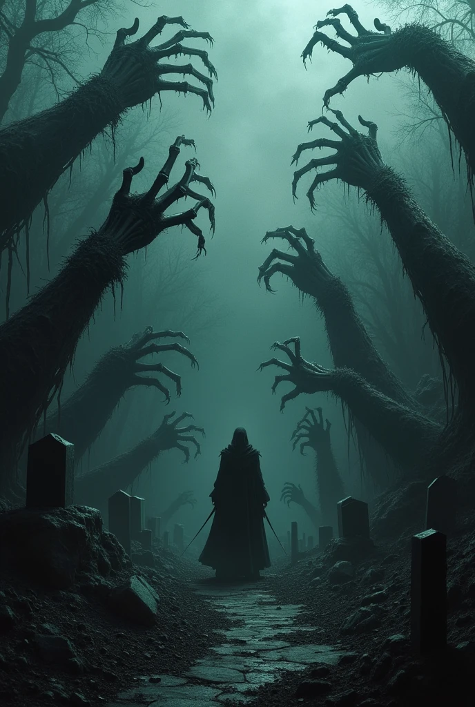 Design a chilling image of Shikabane no Ude, countless arms crawling out of a graveyard. They grasp at the souls of the dead and drag the living into their graves. The setting should be a dark, foggy graveyard or a shadowy, cursed battlefield, highlighting its grasping and inescapable nature.


