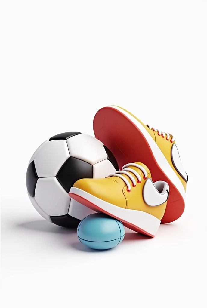 made image of, sneakers, soccer ball, glossy material, 3d, cartoon style, simple forms, white background