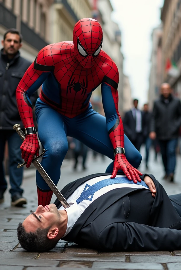 A spiderman kills the prime minister of Israel with a sword in a city road on The sword is thrust into his stomach and the prime minister is wearing court. The colors of the court are made of the Israeli national flag. And some Palestinian people are watching this scene