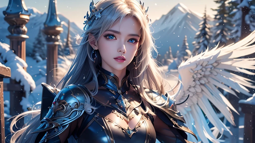 Close-up of woman holding sword and armor, Armor Girl, 2. 5D CGI anime fantasy artwork, Large Breasts，Epic fantasy digital art style, detailed Digital 2D fantasy art, Digital 2D fantasy art, original photo, (best quality:1.3), high resolution, (masterpiece), (lifelike:1.4), Professional photography, Be focused, High Dynamic Range, 8K resolution, Intricate details, Fine details, Depth of Field, Extremely detailed CG unified 8k wallpaper, masterpiece，poster，best quality，Official Art，（Beauty and aesthetics：1.2），（masterpiece：1.3），miss，Personal，Light Leather Armor，Complex Mode，winter，Snow Mountain，Medium distance photography，（midnight），dramatic，Glowing Wings，