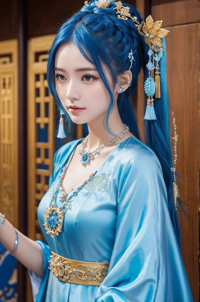 Blue hair, beautiful woman, long hair, hair ornament, Chinese dress, necklace