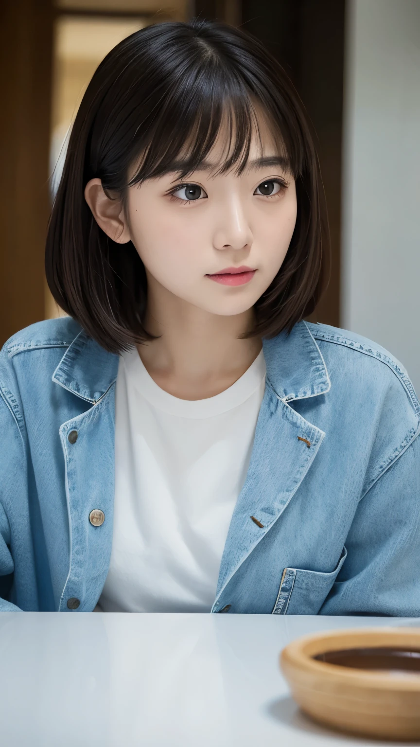 Portraiture、masterpiece:1.3、one person&#39;s、Baby Face、Natural look、very cute、Brown Hair、Short Bob、Small red earrings、Fuller lips、No makeup、White T-shirt、Focus on the face、最high quality、High resolution、Very detailed、high quality、Detailed explanation、８ｋ、(((Blurred Background、White wall、White Background、White world、Flower illustration、Flower illustrationの壁、壁にFlower illustration、Flower illustrationが描いてある壁、Photo studio:1.5、Cinema Lighting、Professional Photographer)))
