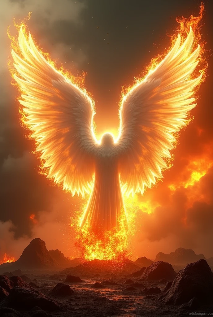 Long white angle wings on fire landscape