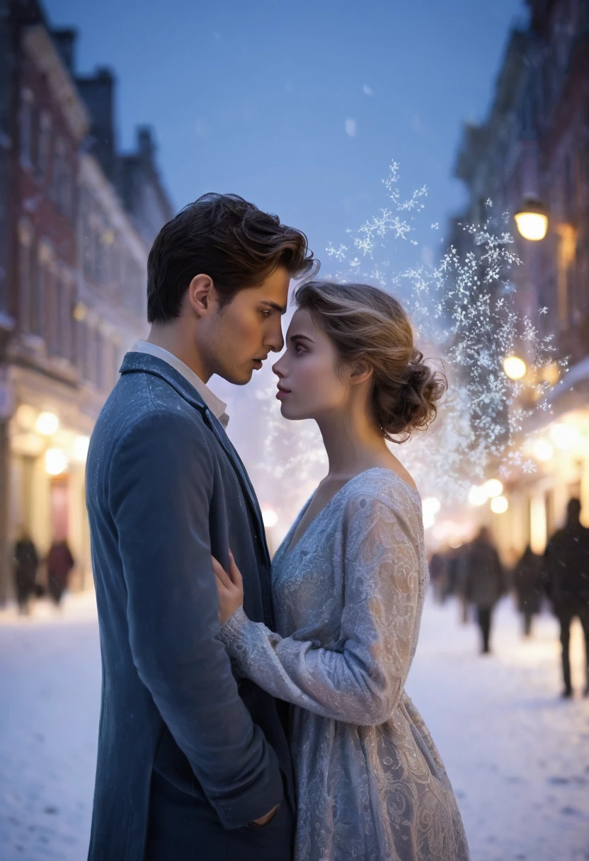 Create a softly blurred cityscape or an atmospheric apartment setting at twilight. Add subtle hints of ethereal light or mist to evoke a sense of mystery and romance. A disappearing young charming man with a playful look on his face,  facing him is a young beautiful  women looking at him with a mixed expression of confusion and frustration. The Young woman should be depicted in a contemporary outfit, looking both intrigued and exasperated.  Position them to suggest their interaction, with the young woman looking at the Young man .Use a palette of cool blues, soft purples, and silvers to convey the supernatural theme. Add touches of warm gold or red to hint at romance and create visual interest. Incorporate subtle ghostly motifs, such as floating objects or faint, whimsical swirls around the Young Man to emphasize his ethereal nature. A touch of snow or twinkling lights could enhance the romantic and whimsical atmosphere. The overall mood should blend humor, romance, and a touch of mystery. Ensure the cover conveys the lighthearted yet intriguing nature of the story, drawing readers in with its promise of supernatural romance and comedic adventures.

