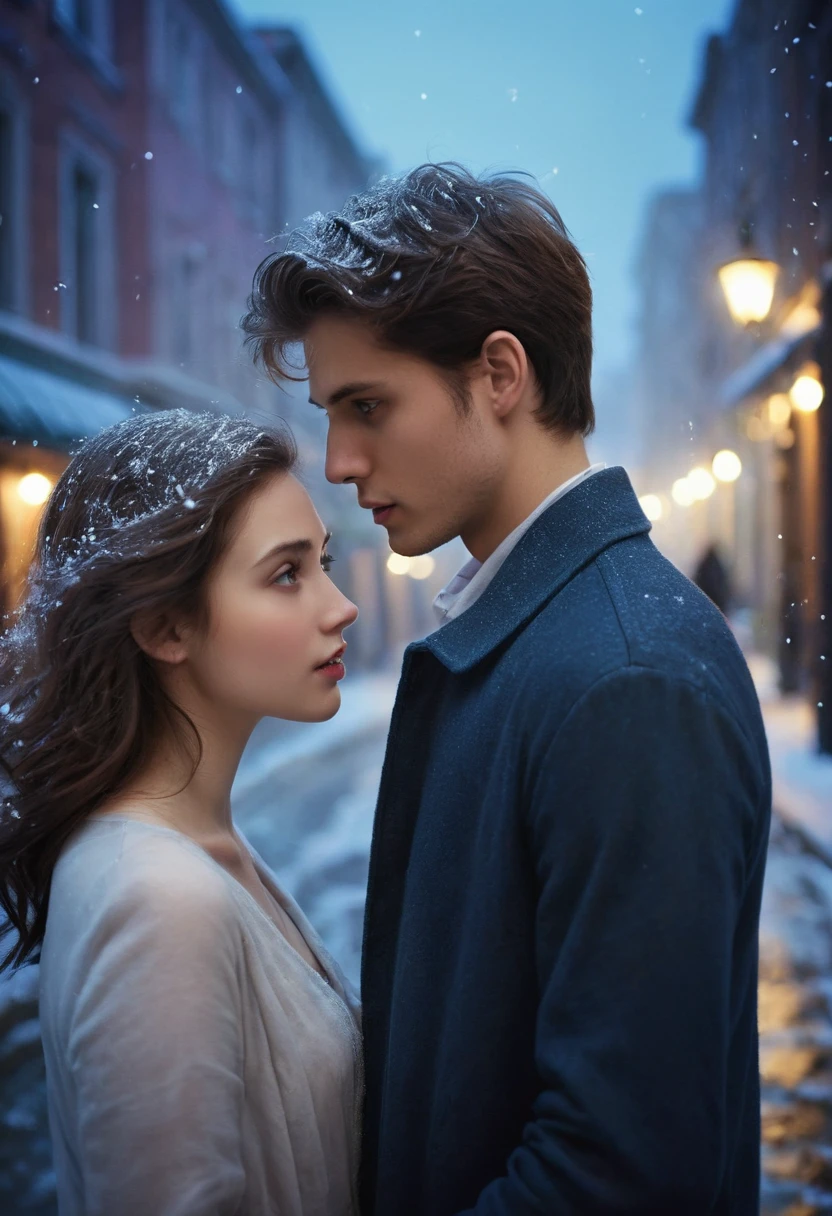 Create a softly blurred cityscape or an atmospheric apartment setting at twilight. Add subtle hints of ethereal light or mist to evoke a sense of mystery and romance. A disappearing young charming man with a playful look on his face, facing him is a young beautiful women looking at him with a mixed expression of confusion and frustration. The Young woman should be depicted in a contemporary outfit, looking both intrigued and exasperated. Position them to suggest their interaction, with the young woman looking at the Young man .Use a palette of cool blues, soft purples, and silvers to convey the supernatural theme. Add touches of warm gold or red to hint at romance and create visual interest. Incorporate subtle ghostly motifs, such as floating objects or faint, whimsical swirls around the Young Man to emphasize his ethereal nature. A touch of snow or twinkling lights could enhance the romantic and whimsical atmosphere. The overall mood should blend humor, romance, and a touch of mystery. Ensure the cover conveys the lighthearted yet intriguing nature of the story, drawing readers in with its promise of supernatural romance and comedic adventures.