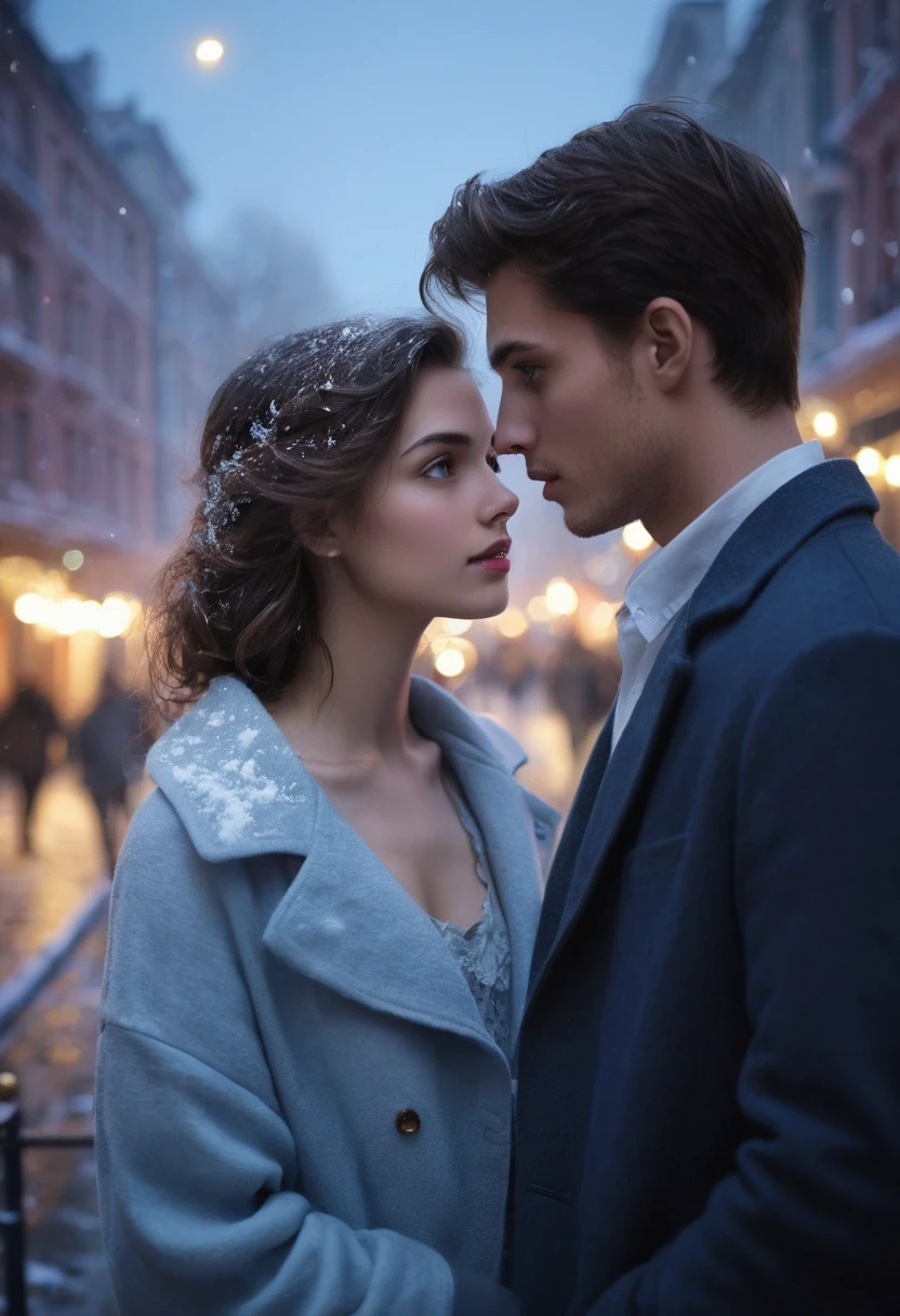 Create a softly blurred cityscape or an atmospheric apartment setting at twilight. Add subtle hints of ethereal light or mist to evoke a sense of mystery and romance. A disappearing young charming man with a playful look on his face,  facing him is a young beautiful  women looking at him with a mixed expression of confusion and frustration. The Young woman should be depicted in a contemporary outfit, looking both intrigued and exasperated.  Position them to suggest their interaction, with the young woman looking at the Young man .Use a palette of cool blues, soft purples, and silvers to convey the supernatural theme. Add touches of warm gold or red to hint at romance and create visual interest. Incorporate subtle ghostly motifs, such as floating objects or faint, whimsical swirls around the Young Man to emphasize his ethereal nature. A touch of snow or twinkling lights could enhance the romantic and whimsical atmosphere. The overall mood should blend humor, romance, and a touch of mystery. Ensure the cover conveys the lighthearted yet intriguing nature of the story, drawing readers in with its promise of supernatural romance and comedic adventures.

