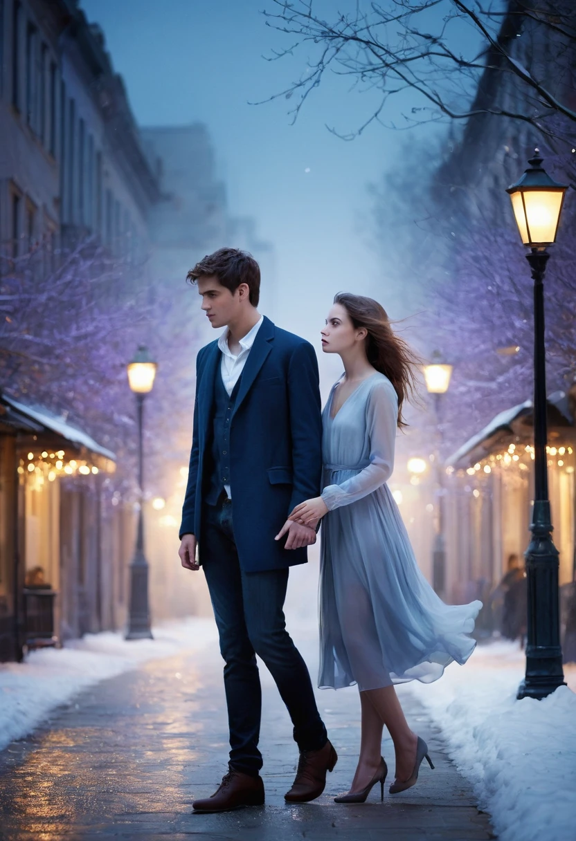 Create a softly blurred cityscape or an atmospheric apartment setting at twilight. Add subtle hints of ethereal light or mist to evoke a sense of mystery and romance. A disappearing young charming man with a playful look on his face,  facing him is a young beautiful  women looking at him with a mixed expression of confusion and frustration. The Young woman should be depicted in a contemporary outfit, looking both intrigued and exasperated.  Position them to suggest their interaction, with the young woman looking at the Young man .Use a palette of cool blues, soft purples, and silvers to convey the supernatural theme. Add touches of warm gold or red to hint at romance and create visual interest. Incorporate subtle ghostly motifs, such as floating objects or faint, whimsical swirls around the Young Man to emphasize his ethereal nature. A touch of snow or twinkling lights could enhance the romantic and whimsical atmosphere. The overall mood should blend humor, romance, and a touch of mystery. Ensure the cover conveys the lighthearted yet intriguing nature of the story, drawing readers in with its promise of supernatural romance and comedic adventures.

