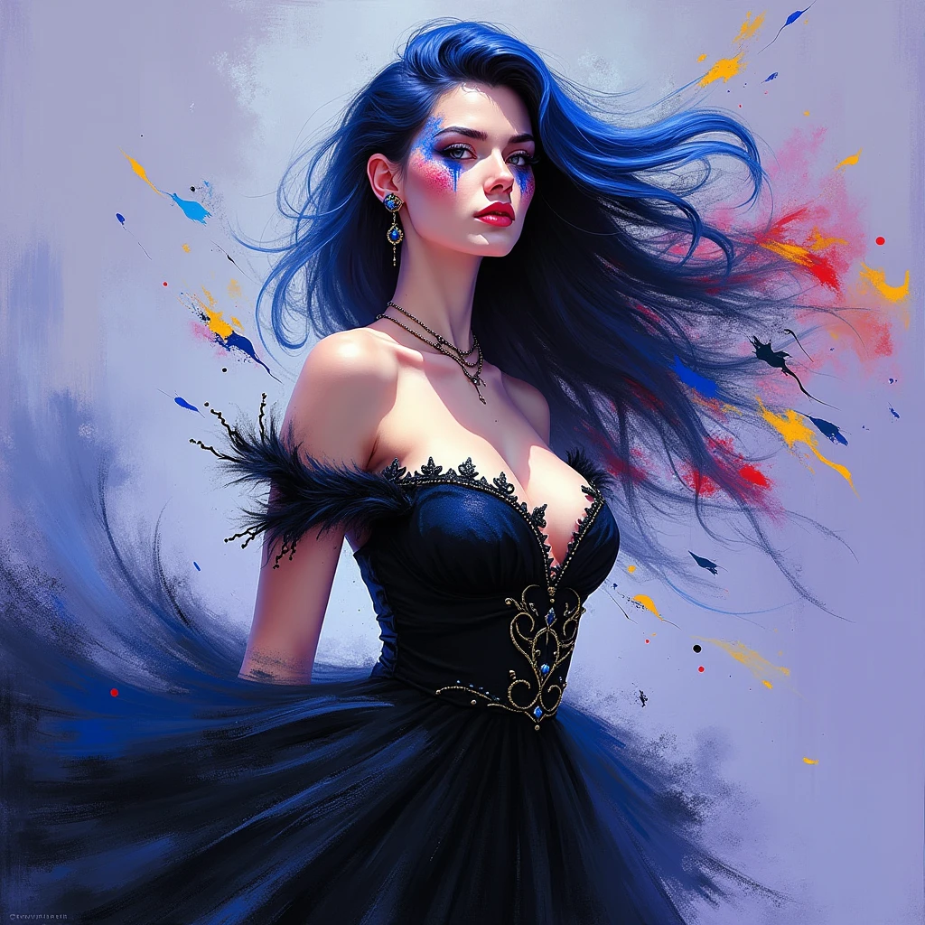 A captivating modern painting that masterfully captures the essence of a woman in dark fantasy fashion. The central figure is depicted with bold, dynamic brushstrokes, using vibrant colors of blue, yellow, red, and white to create a textured, three-dimensional effect. The woman's form is fluid and full of movement, her features and curves skillfully conveyed through the energetic brushwork. The background is a muted purple, providing a striking contrast to the vivid colors of the central figure. The fashion in the painting features dark fantasy elements, with the woman wearing a flowing black dress adorned with intricate patterns and details. The artist's signature, "Tanvir Tamim," is present at the bottom right corner, showcasing their exceptional artistic talent. This captivating piece of art exudes energy and emotion, making it a truly striking composition., painting, dark fantasy, fashion, vibrant, illustration