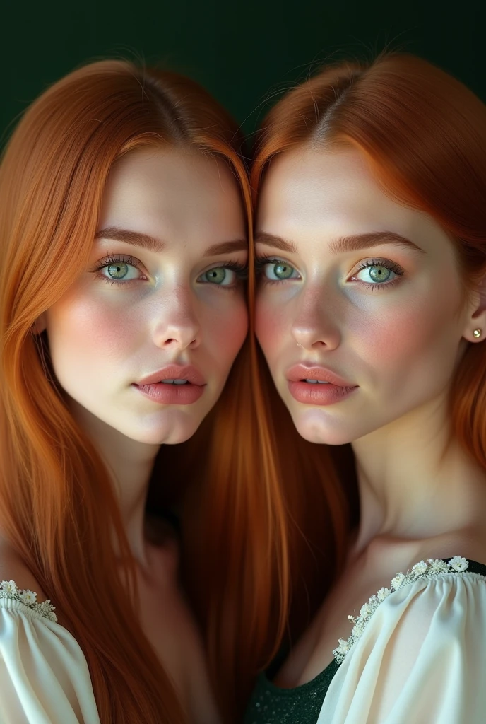 (photorealism:1.2), 4 woman, with green eyes, with straight reddish hair, fine lips, thesis clara, Irish, medium build and pretty features
