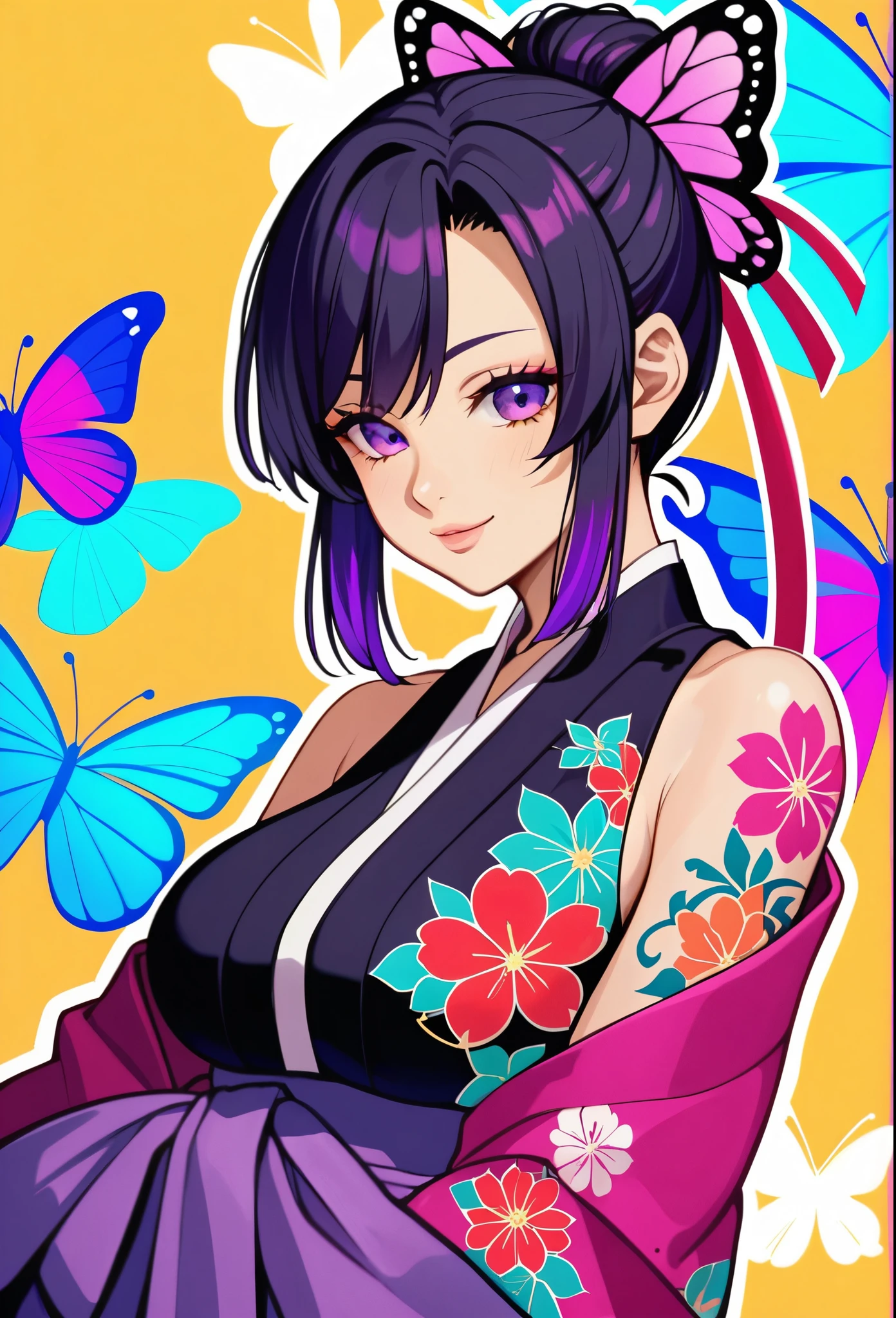 A mesmerizing surreal illustration of a young japanese woman resembling Shinobu Kouchou. She has black hair, purple eyes, a butterfly hair ornament, and wears a vibrant pastel colored outfit adorned with intricate floral patterns. She has a smooth, warm complexion, and bold, colorful tattoos cover her arms and legs. The tattoos feature traditional Japanese motifs like flowers and mythical creatures, rendered with meticulous detail in a pastel color palette. The background is a vintage floral-patterned wallpaper that complements the artwork's colors. The line work is precise, with delicate shading that gives the illustration a 3D quality. The artwork fuses modern illustration techniques with traditional Japanese aesthetics, resulting in a visually striking, portrait, Shinobu_Kocho, butterfly_hairpiece, multicolored_hair, purple_hair, black_hair, large breasts, slender, arms behind back, white panties, 
