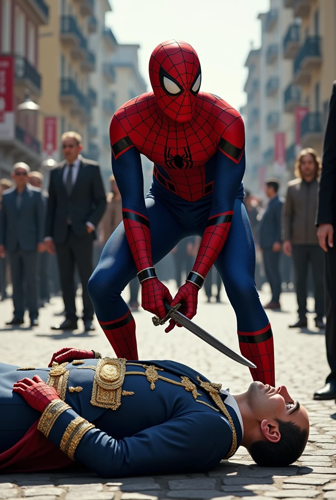 A spiderman kills the prime minister of Israel with a sword in a city road on The sword is thrust into his stomach and the prime minister is wearing court. The colors of the court are made of the Israeli national flag. And some Palestinian people are watching this scene