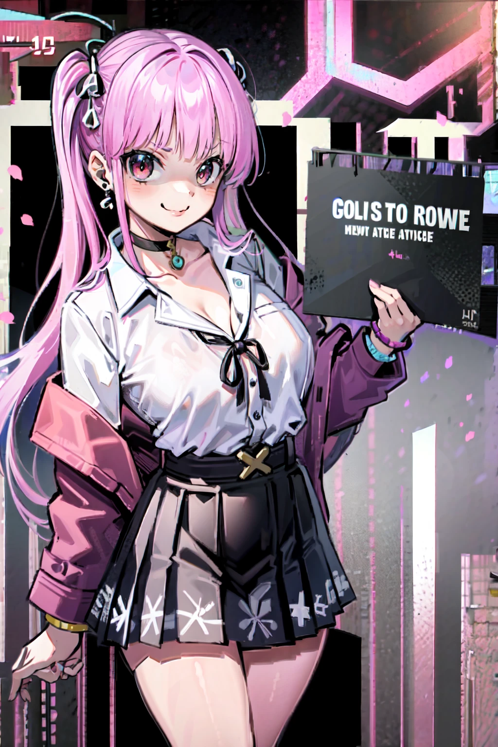 masterpiece, Highest quality, whole body, One person, bangs, black choker, black tie, Blonde, blue skirt, blush, bracelet, chest, choker, clothes The surrounding area waist, clavicle, collared shirt, Cowboy Shot, dress shirt, ear Earrings, Eyebrows visible through hair, Gradient Hair, Grin, Improve, jewelry, Kogal, Long Hair, View your viewers, loose tie, tie, Earrings, Plaid, Plaid skirt, pleated skirt, Red eyes, ring, school uniform, shirt, skirt, smile, alone, white shirt, street, null, cherry blossoms, petal,figure, (magazine:1.3), (cover-style:1.3), fashionable, woman, Vibrant, Costume, Pause, front, colorful, dynamic, background, element, have confidence, Performance, Holding, statement, accessories, Majestic, Coiled, The surrounding area, touch, scene, article, cover, bold, to attract attention, title, stylish, font, Catchy, Heading, big, impressive, Modern, trend, concentrated, fashion,