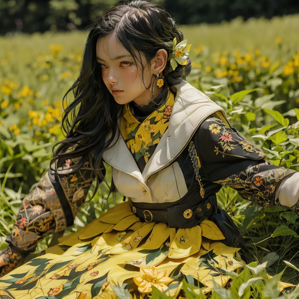 high camera angle, creative photography, a beautiful woman, a faint smile on her face, black hair flowing naturally. she wore a black brocade dress with a yellow flower pattern. sitting gracefully in a field of lush green leafed europhia flowers. golden hours, highest resolution, masterpiece, high detail clothing,