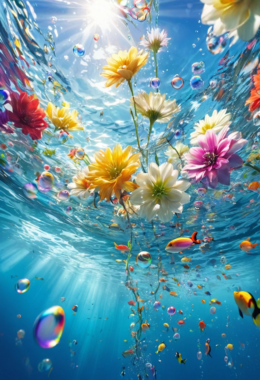 RAW Photos:1.2, masterpiece, Highest quality, 16K, Real Stick, Unbelievably absurd, Very detailed, Perfect beauty, Looking up from under the water,bubble, Vibrant colors, Ultra-realism:1.2, Middle Chest, Rainbow bubbles, Water bubbles, White flowers on the sea surface, beautiful flower, Sunlight seen from underwater, Mirror Effect:1.2,