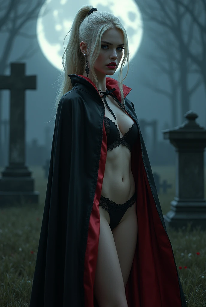 (RAW photo, best quality, masterpiece, ultra-detailed, high res), (realistic),(extremely 
delicate and beautiful:1), mesmerizing vampire woman with long blonde hair in high 
ponytail detailed features, smiling seductively , showing vampire fangs , ((wearing floor 
length black and red lined satin cape tied at the neck with ribbon ties)) , lingerie , standing 
in a moonlight graveyard , imaginative, highly detailed, extremely high-resolution details, 
photographic, realism pushed to extreme, fine texture, 8k, ultra-detailed, high quality, high 
contrast, full body shot 