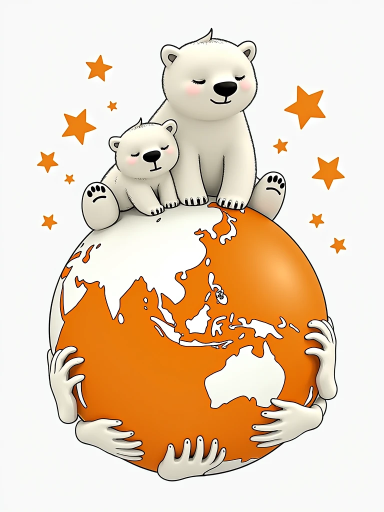 (photorealism:1.2),a polar bear and his son, very sad face, sitting on the globe , the globe with a circle of hand holding
