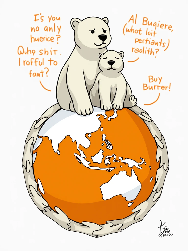 (photorealism:1.2),a polar bear and his son, very sad face, sitting on the globe , the globe with a circle of hand holding