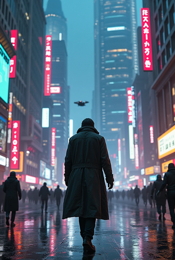 A person in a trench coat walking in a futuristic cyberpunk city with neon lights and flying cars