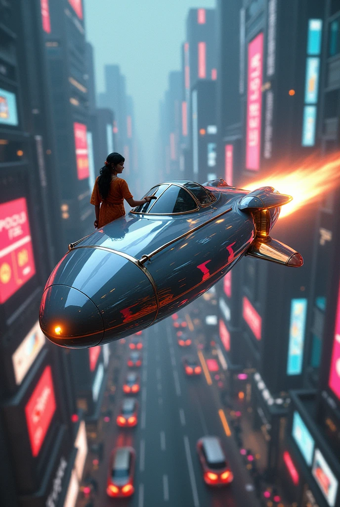 Royalin field bullet classic in cyberpunk city with Indian assistant 