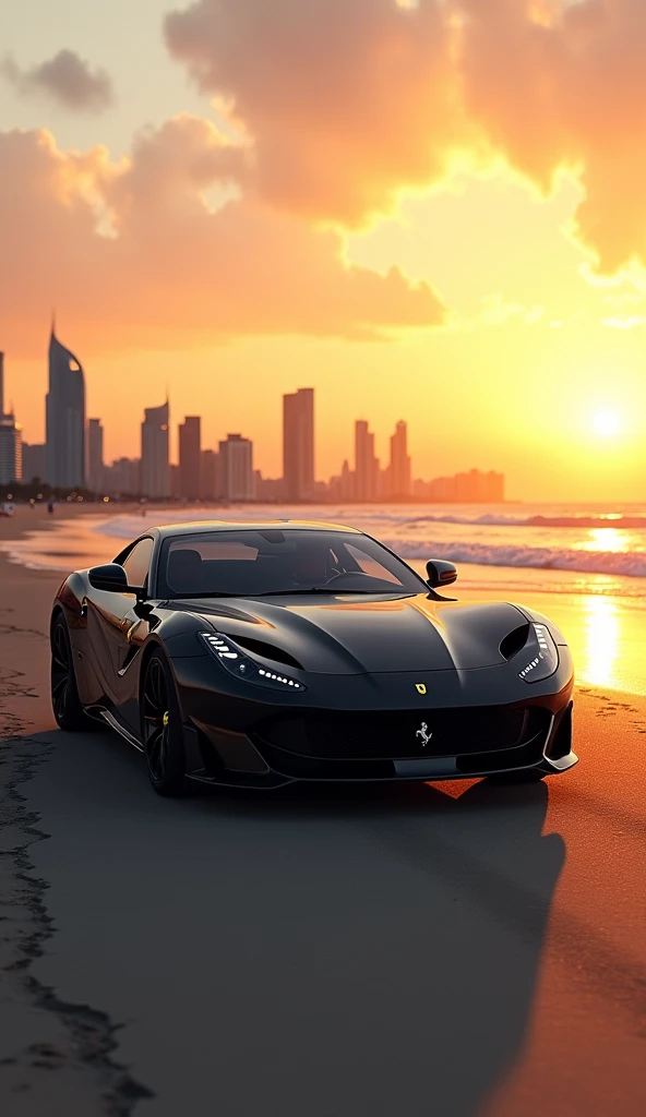 8k quality Ferrari GTS superfast car black colour while sun set beach and business buildings