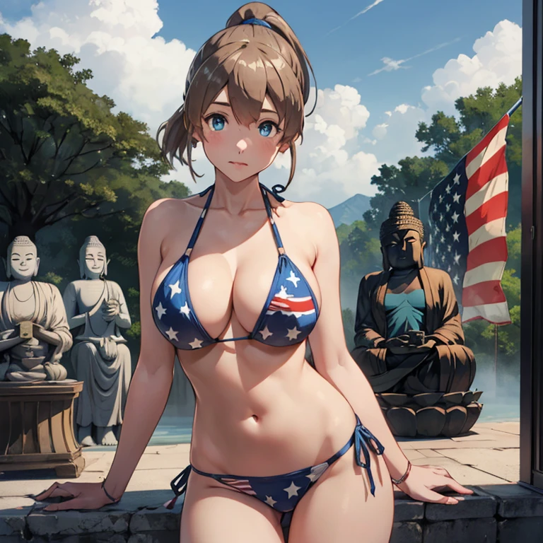 intrepid,ponytail,
(masterpiece:1.4),(best quality:1.4), (premium:1.4), (great illustration:1.4), (ultra-detailed:1.4),(art CG, 8K),1girl solo, KonishiCSA,(Buddha Statue:1.4),
 , BREAK,
(American-flag-inspired bikini:1.4), (patriotic accessories with red, white, and blue:1.2),
