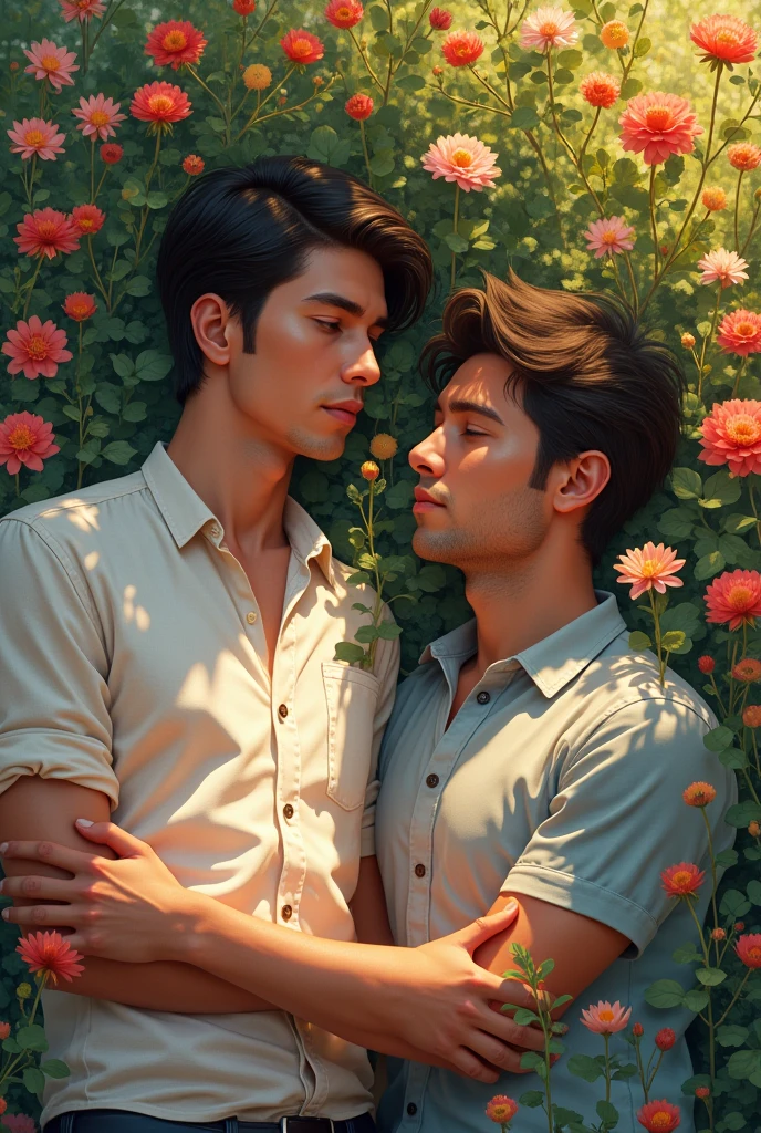 I want you to make me a man lying down with flowers under which he has his eyes open and the other one is on the other side looking at him. Both with their eyes open but it is in 2D but it is realistic and only one is lying on the bed of flowers but a 2D and it is realistic.