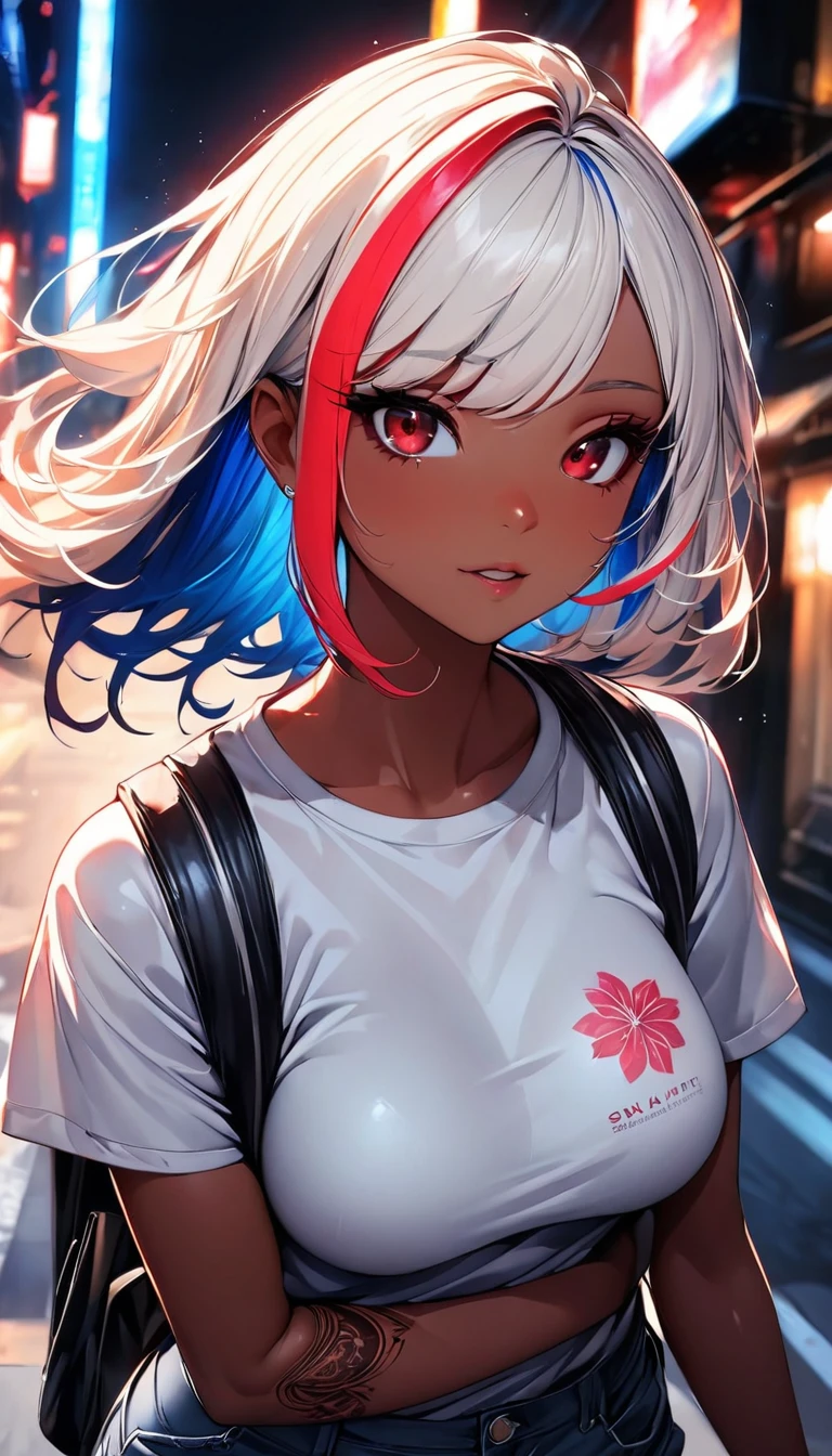 (highest quality:1.2, Very detailed, up to date, Vibrant, Ultra-high resolution, High Contrast, masterpiece:1.2, highest quality, Best aesthetics), Portraiture、girl、singer, solo, ((25-years-old:1)), Bright colors, Beautiful fine details、Beautiful lip detail、medium wave hair、red and white ((streaked hair:1.6)), highlights hair: 1.5, red eyes, slim body, medium breast, (tan skin:1.1), (Floral Fineline tattoo design on left arm:1), Walking down the busy street at night, sparkling city lights, headphone,  daypack on left shoulder, t-shirt, jeans short, long boots, full body,
