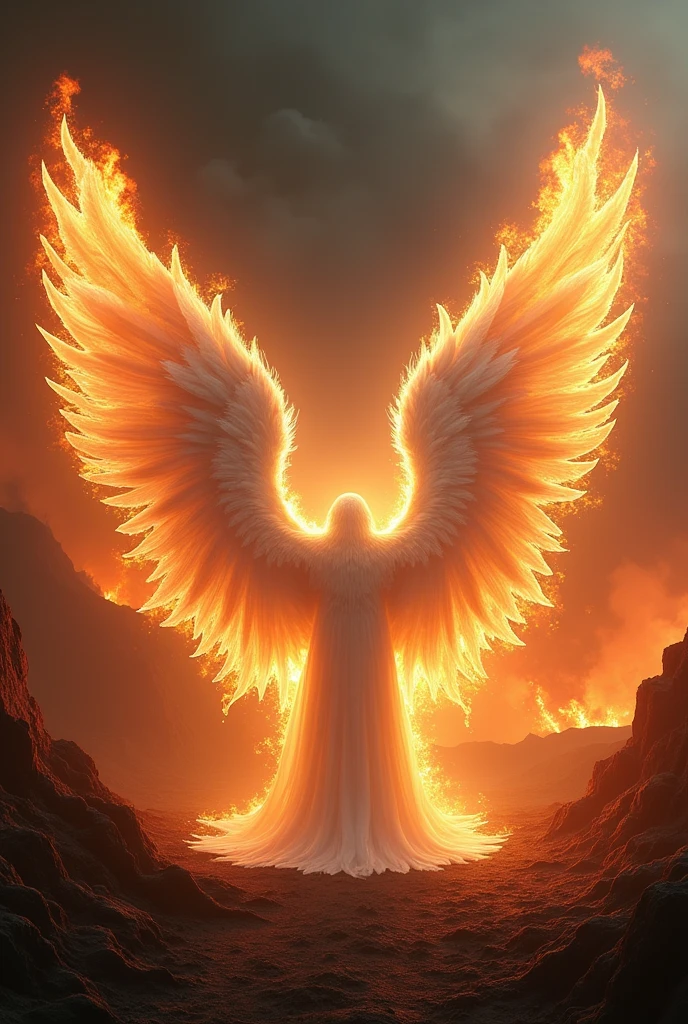 Long white angle wings on fire landscape