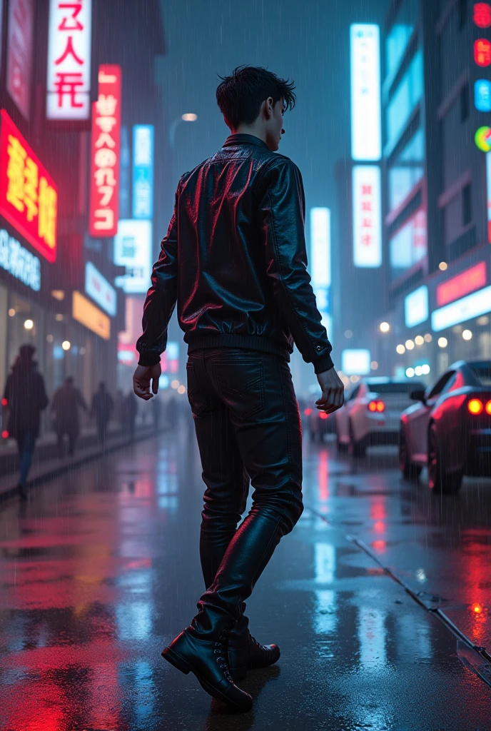 anime:1.5, (masterpiece, Best Quality, High resolution, Fondo de pantalla de unidad de 32K, Extremely detailed CG:1), (weak illustration on stage:1.0), ((1 young and handsome cyberpunk:1.5 dancing in the rain:1.7 )),(( cyberpunk night city:1.4)), neon signs futuristic cars,dark place rain, ((wet clothes magenta neon lights perfectly illuminating the young man:1.45) . 32K