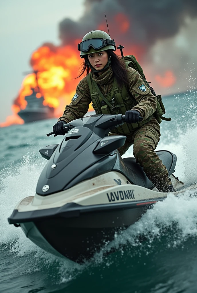 Photo-realistic, ultra-realistic, (very beautiful Japanese, famous Japanese idol:1.3), (Fully equipped for battle:1.5), m4a1 large assault rifle on her back, (amazing view of massive explosion on huge war ship:1), (painful impressions, crying:1.3), (wearing an navy soldier's Camouflage outfits with military helmet:1.5), (at a battle field on the sea), very large breasts, (tactical vest, military harness:1.3), (military long boots:1), dynamic angle, spectacular, (injured, lying on a stretcher:1.3), (muddied, damaged wears, damaged body:1.3), (she is in the military mission of an acrobatic jet skiing on the sea:1.5), (super big jump in the air over the huge waves:1.5), camouflage colored Kawasaki Jet ski, spectacular, Nimble movements, Sharp turns,