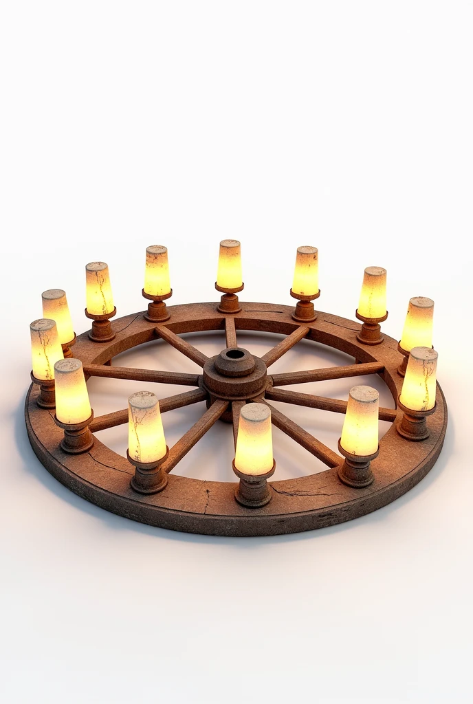 create a circle of lamps in the style of an ox cart wheel from inside a white background