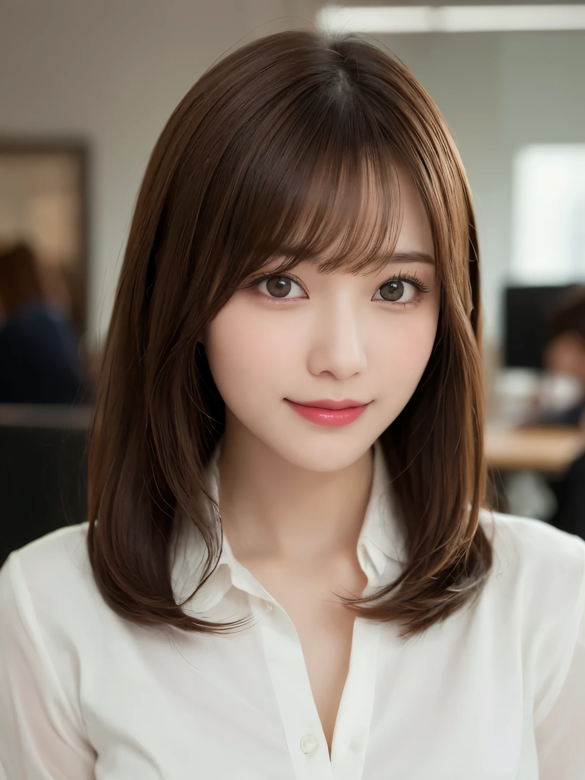 (Highest quality:1.5), (Realistic:1.5), (1 person:1.5), (Full Body Shot), (profile), Very detailed, Are you okay, High resolution, 8k wallpaper, Perfect dynamic composition, Small breasts, Natural color lips, Elegant smile, Japanese women, Late 20s female, Beautiful and elegant face, Perfect and beautiful face, beautiful and Are you okay eyes, Big eyes, Brunette's eyes, Beautiful and elegant face, Perfect and beautiful double eyelids, Natural Bangs, Beautiful thin nose, Beautiful Skin, chestnut brown hair, Medium Bob Hair, Natural Bangs, Perfect and beautiful face, Slim face and figure, (looking at the camera), Bright lighting, Professional Lighting, Forward lighting, Elegant smile, Blurry office background, suit, skirt, blouse, Heel