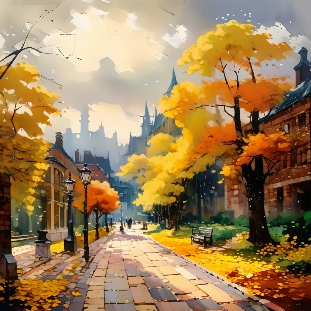 Masterpiece, best composition, best quality, autumn landscape, English garden, gingko trees on both sides of the promenade, brick-paved walkway, cloudy sky, no people.