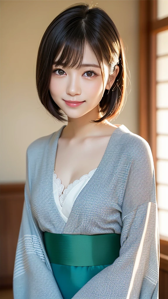 (highest quality:1.5)、(Real:1.5)、(1 person:1.5)、Medium Shot、(Very detailed)、(High resolution)、8k、Small breasts、Natural color lip、Cute smile、Japanese women、20 year old girl、Thin eyebrows、Beautiful and elegant face、Cute face、Cute eyes、Big eyes、Big Eyes、Fair skin、Beautiful and elegant face、Natural Bangs、Beautiful and thin nose、 Beautiful Skin、Medium Bob Hair、Natural Bangs、Perfect and beautiful facial features、Slim face and figure、（Looking at the camera with a cute expression）、（Bright lighting）、Professional Lighting、（Lighting from the front）、Adorable smile、cute、Beautiful cleavage、Simple Background、Japanese-style room、Beautiful clavicle、Graceful pose、Kimono with long-sleeved kimono、Cutekimono with long-sleeved kimono、(cutekimono)、(cutekimono)、Beautiful clavicle、Upper Body、Beautiful cleavage、Beautiful Japanese pattern kimono、Cute Japanese pattern obi、kimono、