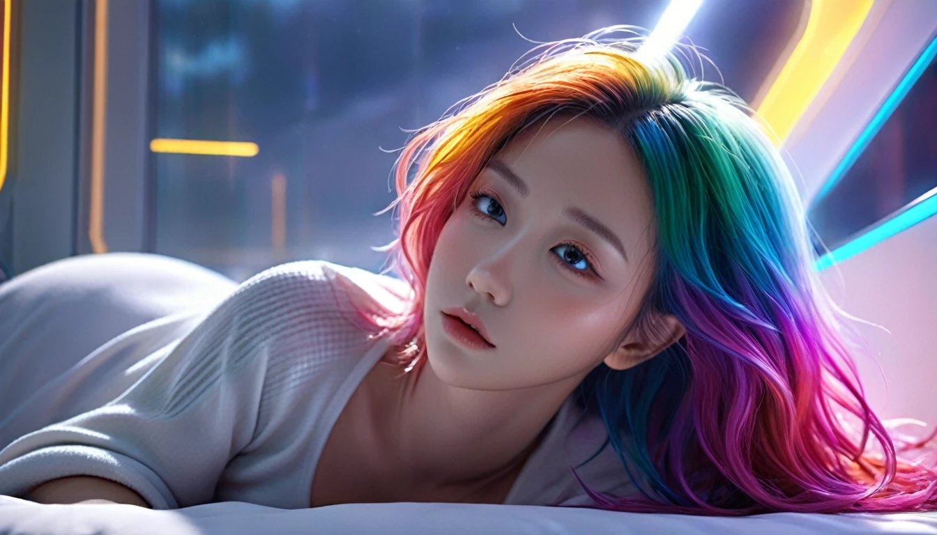 (Highest quality,8k,Very detailed:1.2),(CG,CG Art,3D Rendering),(masterpiece:1.2),(Crawling on the table),(Sexy Outfits),(Cinema Lighting,Futuristic),(Woman lying in bed,Sleep,close your eyes),(The big window behind her,quiet night),(Colorful Hair:1.5)