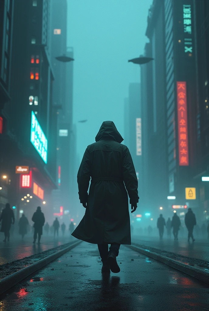 A person in a trench coat walking in a dark futuristic cyberpunk-style city with neon lights, fog and flying cars