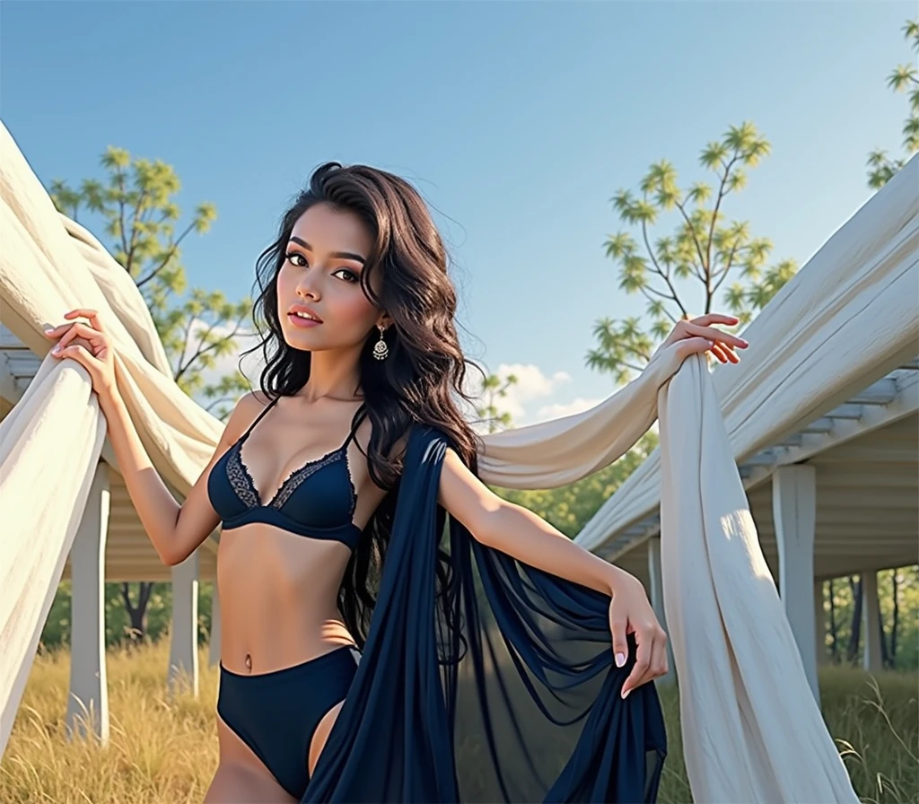 Navy blue panty and bra Indian girl age 25 with long black legs in forest golden hour