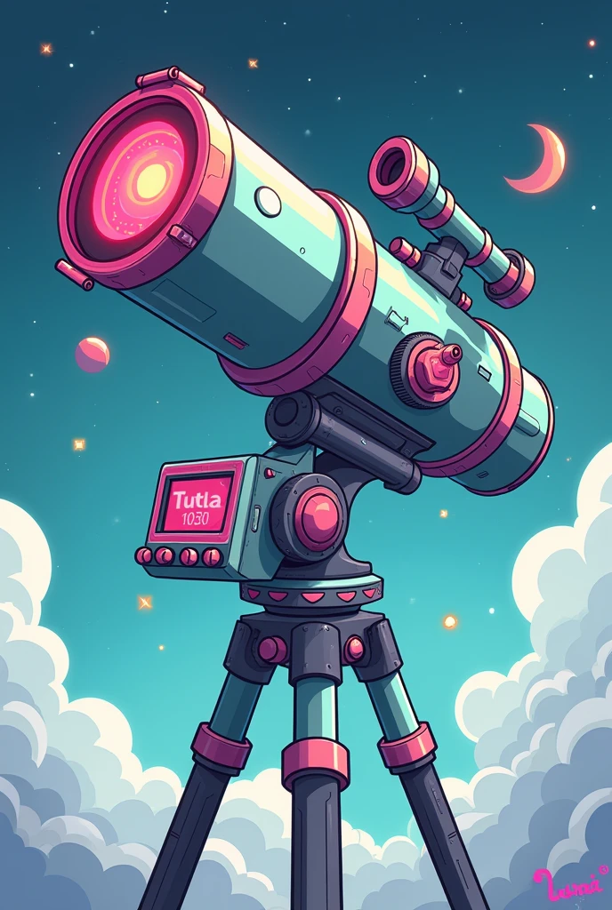 a cartoonistic image of a futuristic telescope with a small screen at the center down side in which we can input any astronomical things like planets, constellations, stars, eclipse of sun and moon, etc. it also contain an ai system called as luna, in which any astronomical discovery could be directly uploaded by itself in its system. if any astronomical things are written in the display screen, it will directly point to the thing in space that was mentioned in the display screen.