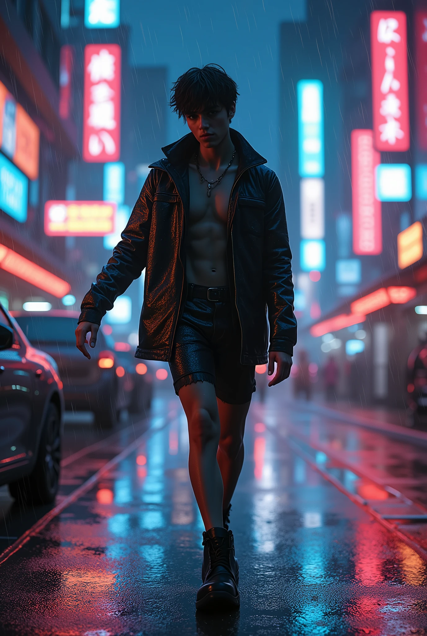 anime:1.5, (masterpiece, Best Quality, High resolution, Fondo de pantalla de unidad de 32K, Extremely detailed CG:1), (weak illustration on stage:1.0), ((ung and handsome cyberpunk:1.5 dancing in the rain:1.7 )),(( cyberpunk night city:1.4)), neon signs futuristic cars,dark place rain, ((wet clothes magenta neon lights perfectly illuminating the young man:1.45) . 32K