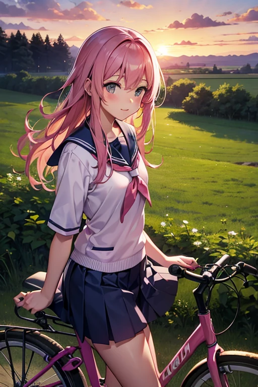 Pink Hair, countryside, Riding a bicycle alone, evening, Sunset, school uniform