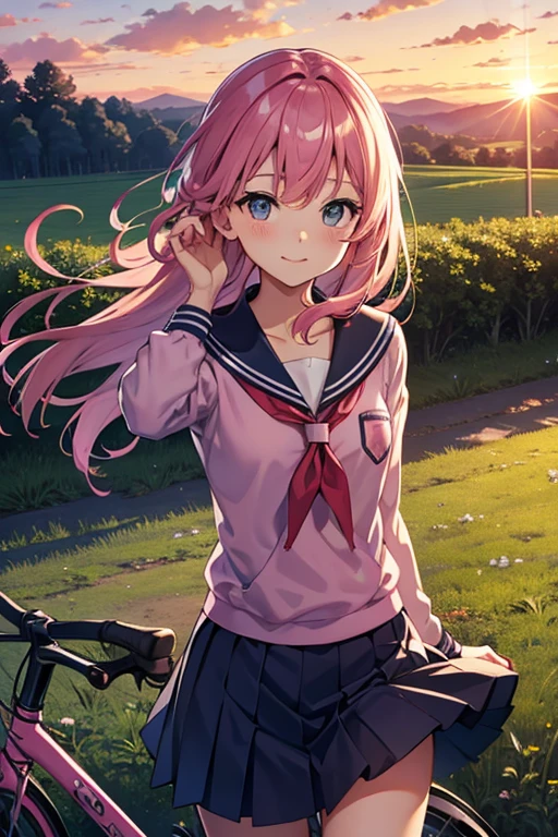 Pink Hair, countryside, Riding a bicycle alone, evening, Sunset, school uniform