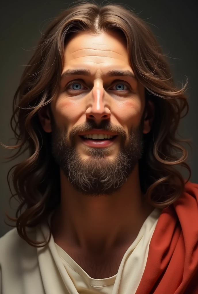 Lord Jesus, half body, Jewish smile, bright blue eyes