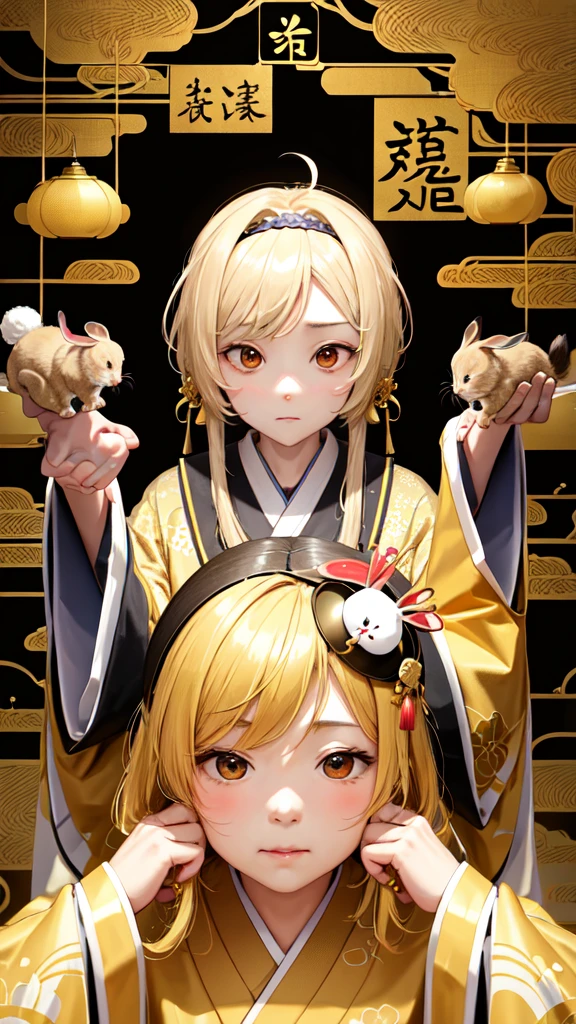 An old woman in a golden kimono、Golden hairpin on head、Background gold、There are lots of small kanji characters written on the wallpaper.、Face facing forward、There are rabbits around the old woman5wing、