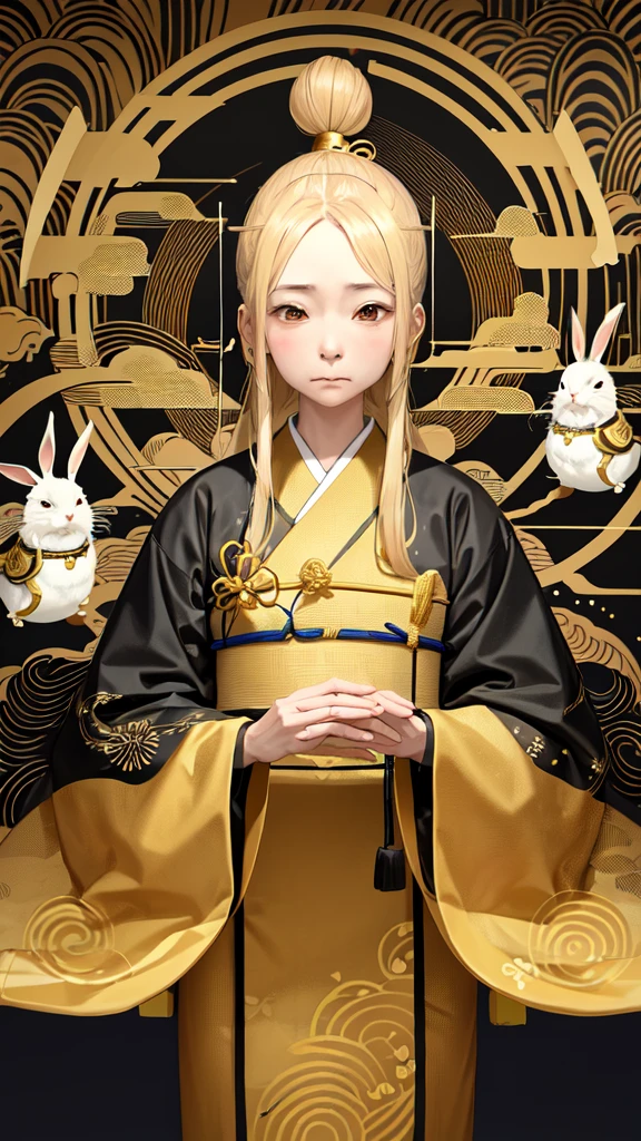 An old woman in a golden kimono、Golden hairpin on head、Background gold、There are lots of small kanji characters written on the wallpaper.、Face facing forward、There are rabbits around the old woman5wing、