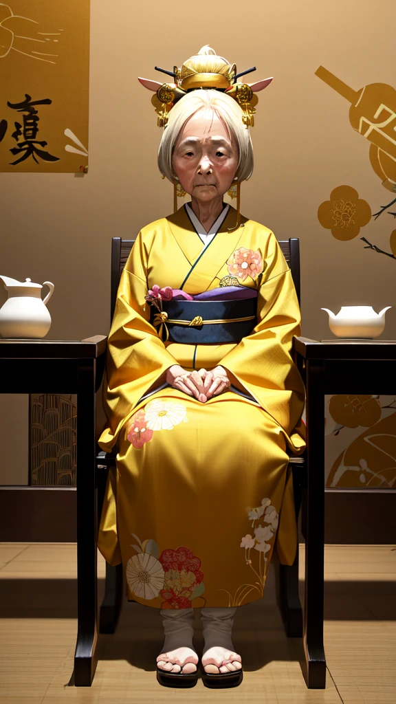 An old woman in a golden kimono、Golden hairpin on head、Background gold、There are lots of small kanji characters written on the wallpaper.、Face facing forward、There are rabbits around the old woman５wing、