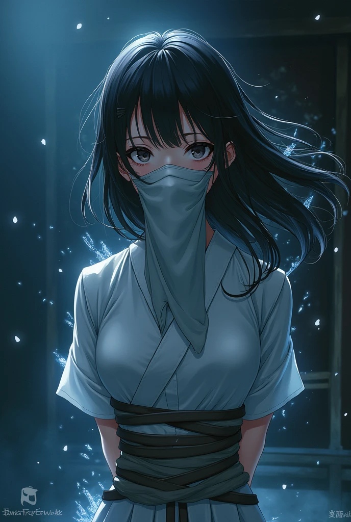 create an image of a female character (do anime demon slayer) with ice breathing tied with her arms behind her back and gagged with a long cloth covering her nose and mouth in a bondage